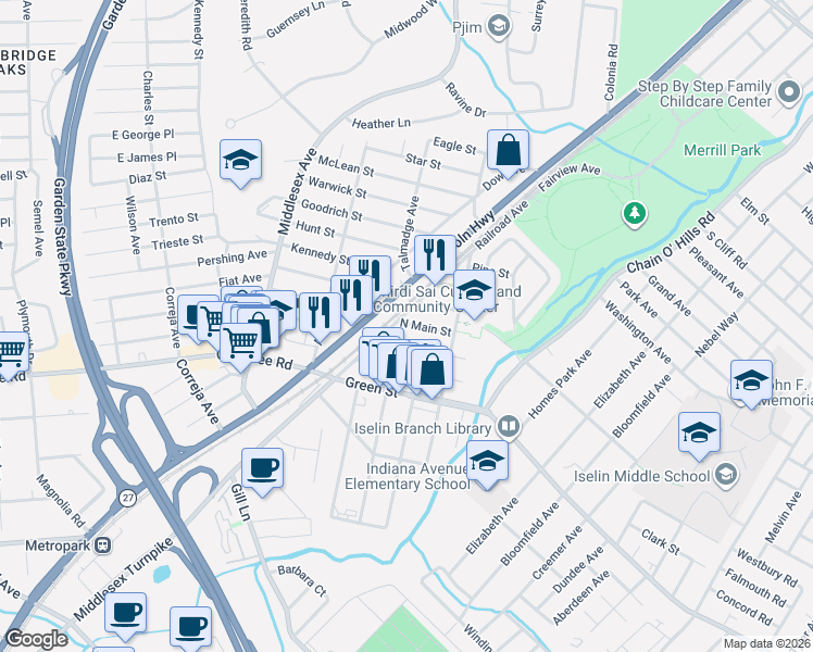 map of restaurants, bars, coffee shops, grocery stores, and more near 126 North Main Street in Woodbridge Township