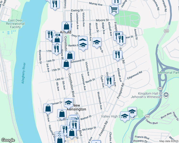 map of restaurants, bars, coffee shops, grocery stores, and more near 1600 Victoria Avenue in New Kensington