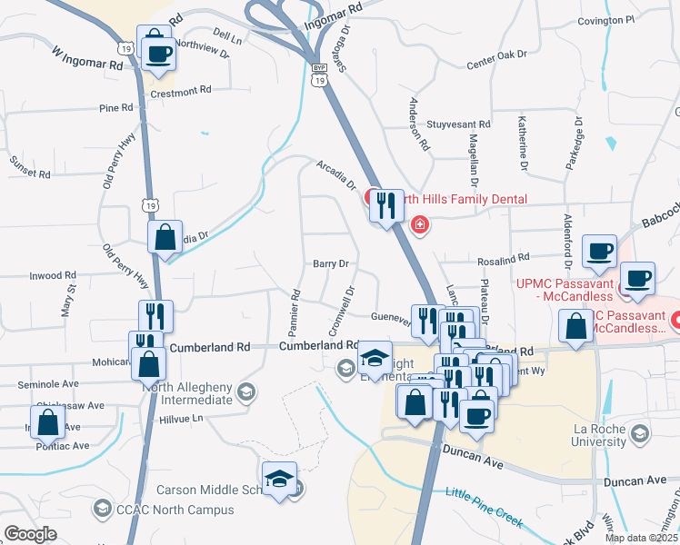 map of restaurants, bars, coffee shops, grocery stores, and more near 459 Barry Drive in Pittsburgh