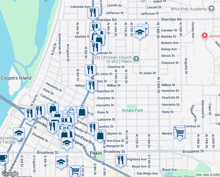 map of restaurants, bars, coffee shops, grocery stores, and more near 910 Willow Street in Pekin