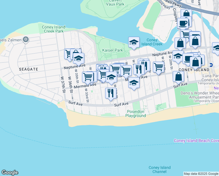 map of restaurants, bars, coffee shops, grocery stores, and more near 2929 West 30th Street in Brooklyn
