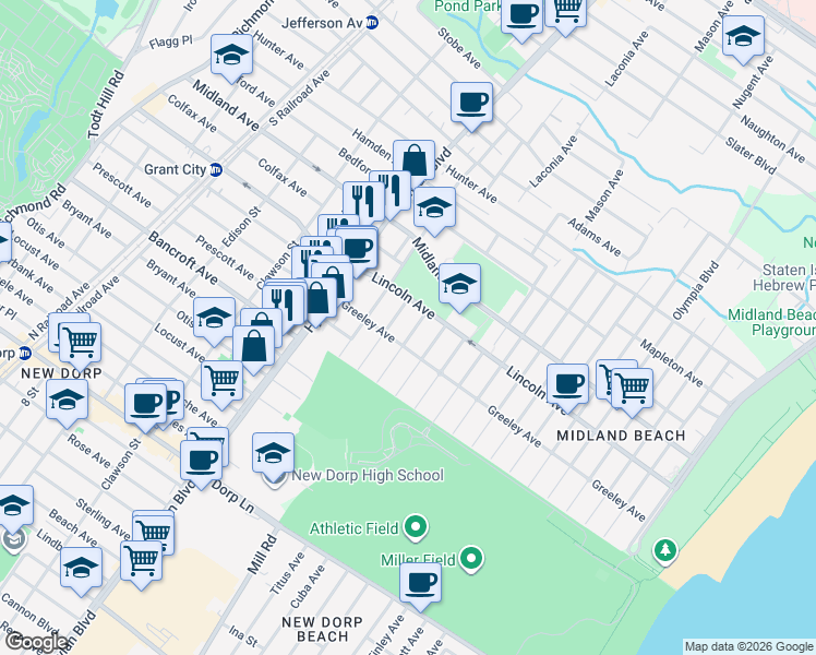 map of restaurants, bars, coffee shops, grocery stores, and more near 253 Rudyard Street in Staten Island