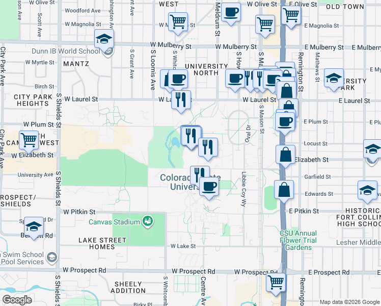 map of restaurants, bars, coffee shops, grocery stores, and more near 900 Oval Drive in Fort Collins