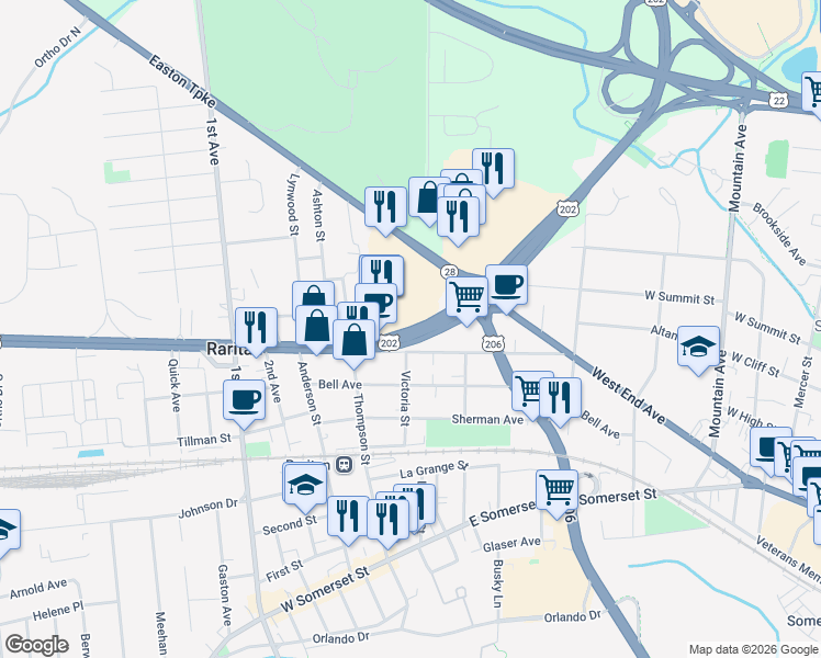 map of restaurants, bars, coffee shops, grocery stores, and more near 300 U.S. 202 in Raritan