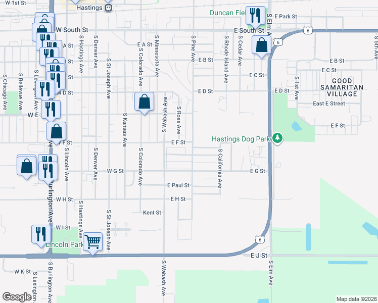 map of restaurants, bars, coffee shops, grocery stores, and more near 813-839 South Pine Avenue in Hastings