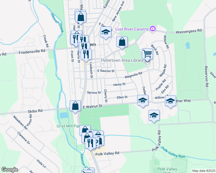 map of restaurants, bars, coffee shops, grocery stores, and more near 310 Henry Street in Hellertown