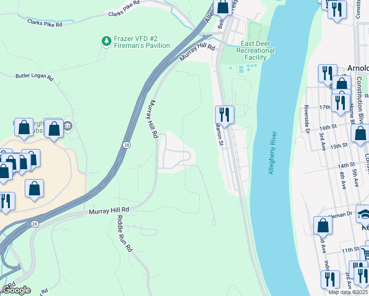 map of restaurants, bars, coffee shops, grocery stores, and more near 214 Cambria Hill Drive in Tarentum