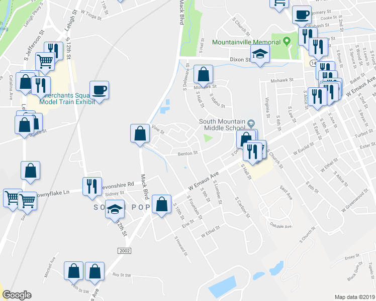 map of restaurants, bars, coffee shops, grocery stores, and more near 903 Benton Street in Allentown