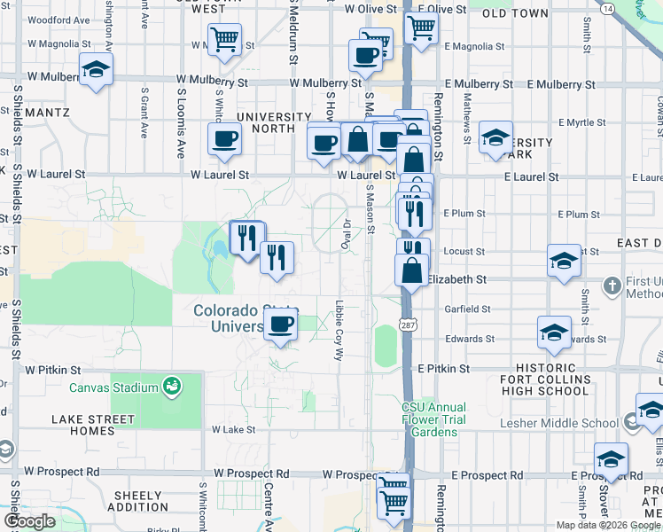 map of restaurants, bars, coffee shops, grocery stores, and more near 900 Oval Drive in Fort Collins