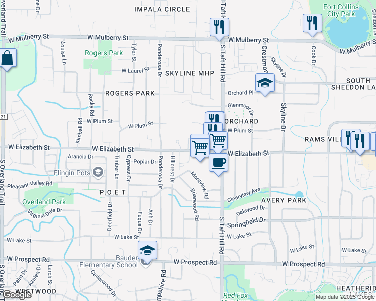 map of restaurants, bars, coffee shops, grocery stores, and more near 2209 West Elizabeth Street in Fort Collins