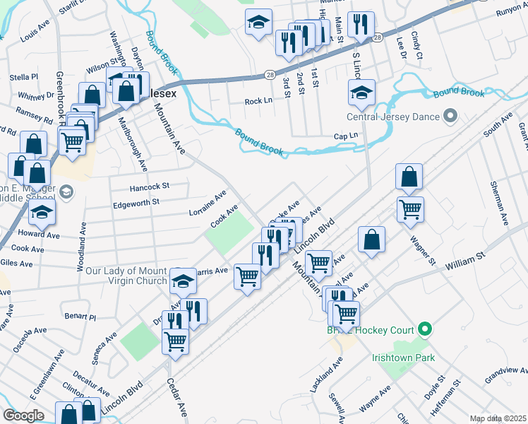 map of restaurants, bars, coffee shops, grocery stores, and more near 712 Pershing Avenue in Middlesex