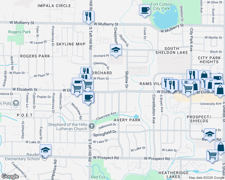map of restaurants, bars, coffee shops, grocery stores, and more near 924 Glenmoor Drive in Fort Collins