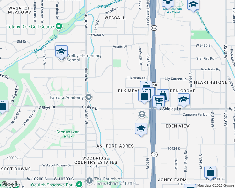 map of restaurants, bars, coffee shops, grocery stores, and more near 9707 Dunsinane Drive in South Jordan