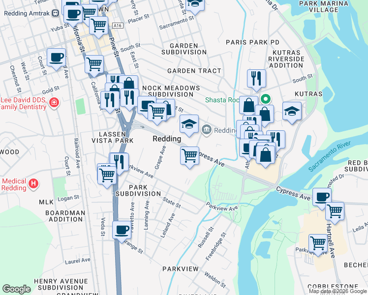 map of restaurants, bars, coffee shops, grocery stores, and more near 910 Cypress Avenue in Redding
