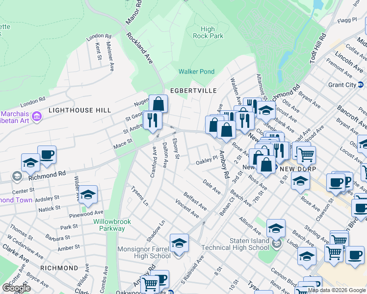 map of restaurants, bars, coffee shops, grocery stores, and more near 27 Ebony Street in Staten Island