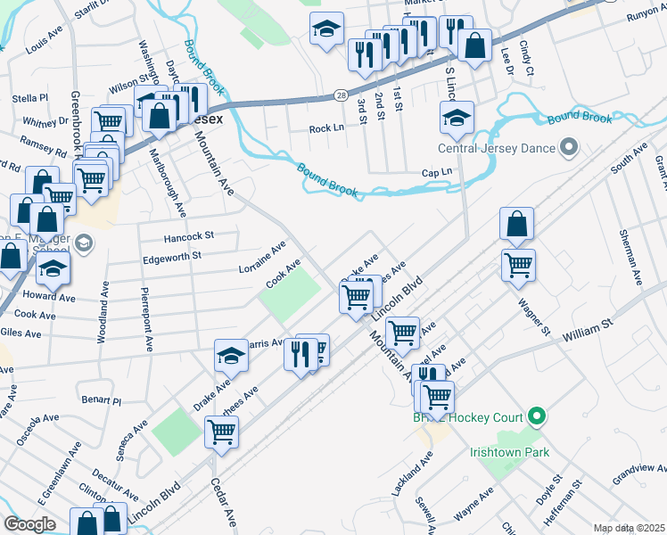 map of restaurants, bars, coffee shops, grocery stores, and more near 712 Pershing Avenue in Middlesex