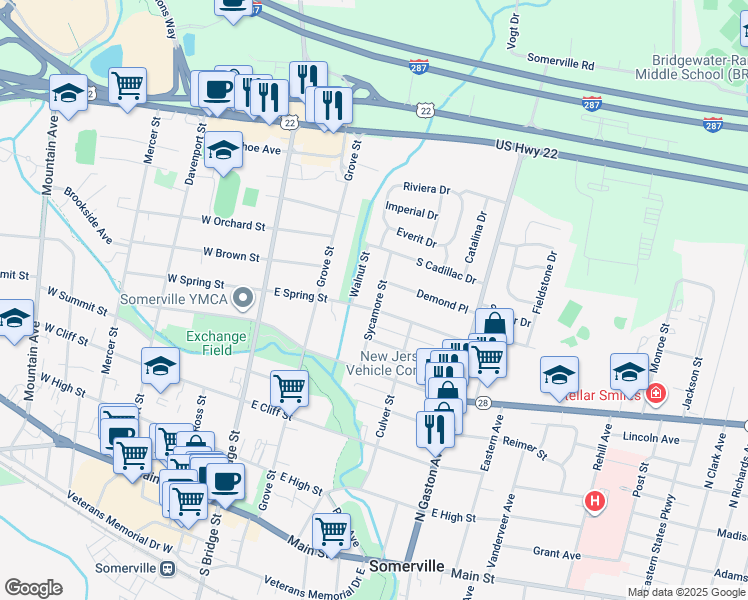 map of restaurants, bars, coffee shops, grocery stores, and more near 93 East Spring Street in Somerville