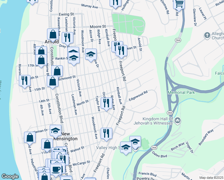 map of restaurants, bars, coffee shops, grocery stores, and more near 1512 Ridge Avenue in New Kensington
