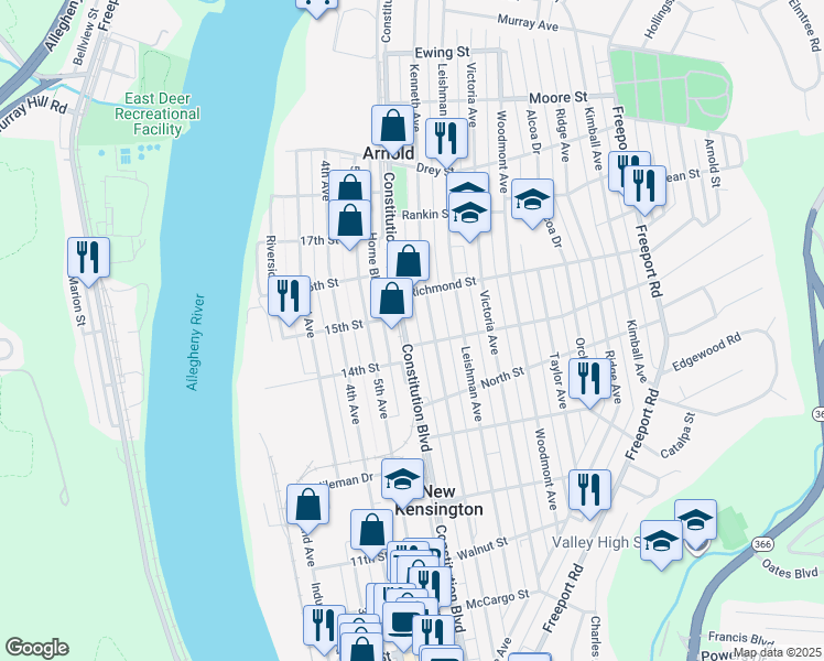 map of restaurants, bars, coffee shops, grocery stores, and more near 1615 Proctor Alley in Arnold