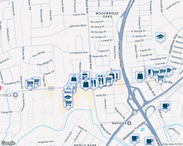 map of restaurants, bars, coffee shops, grocery stores, and more near 2 Adams Street in Woodbridge Township