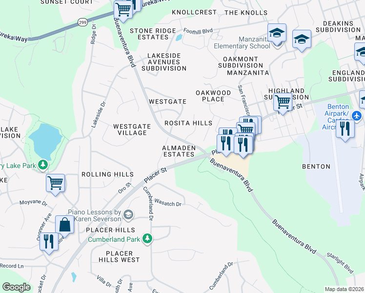 map of restaurants, bars, coffee shops, grocery stores, and more near 1738 Almaden Drive in Redding