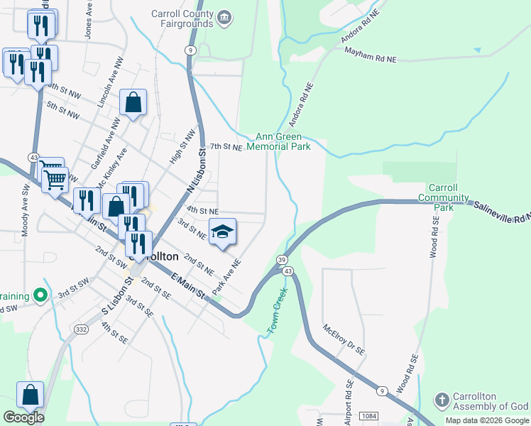 map of restaurants, bars, coffee shops, grocery stores, and more near 293 4th Street Northeast in Carrollton