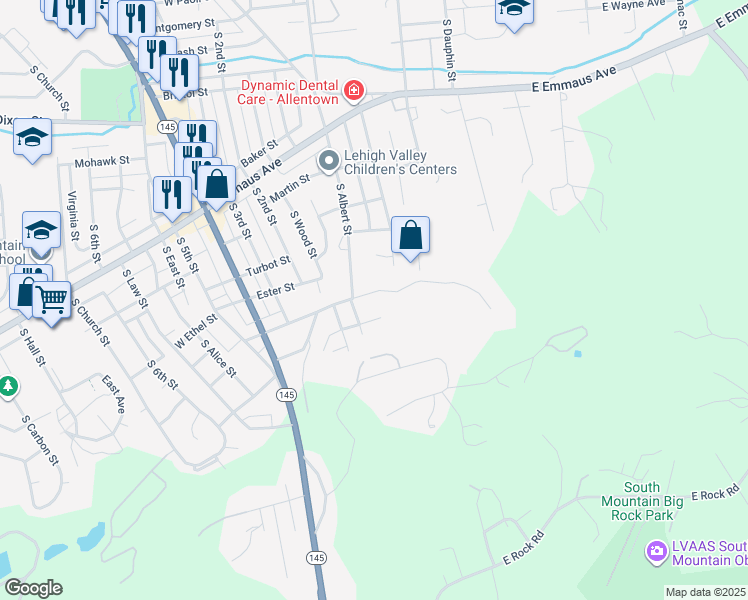 map of restaurants, bars, coffee shops, grocery stores, and more near 130 East Mountain Road in Allentown