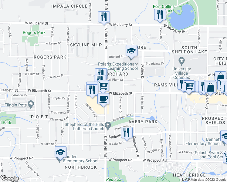 map of restaurants, bars, coffee shops, grocery stores, and more near 2008 West Elizabeth Street in Fort Collins