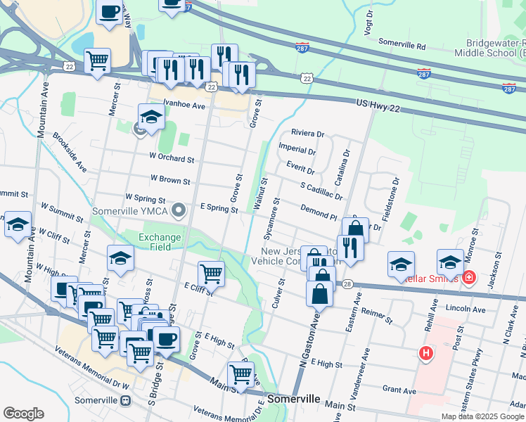 map of restaurants, bars, coffee shops, grocery stores, and more near 93 East Spring Street in Somerville