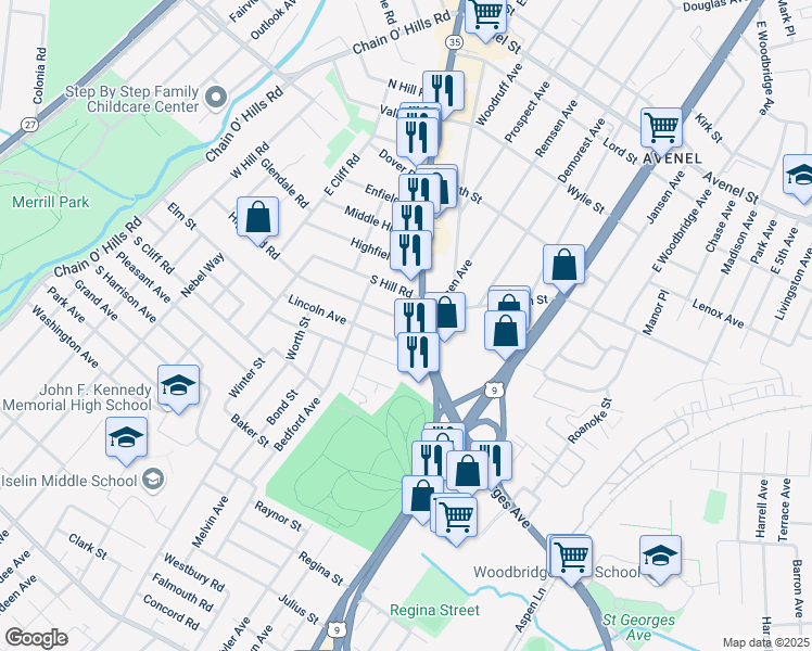 map of restaurants, bars, coffee shops, grocery stores, and more near 3 North Washington Avenue in Woodbridge Township