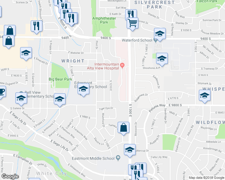 map of restaurants, bars, coffee shops, grocery stores, and more near 9703 South 1210 East in Sandy