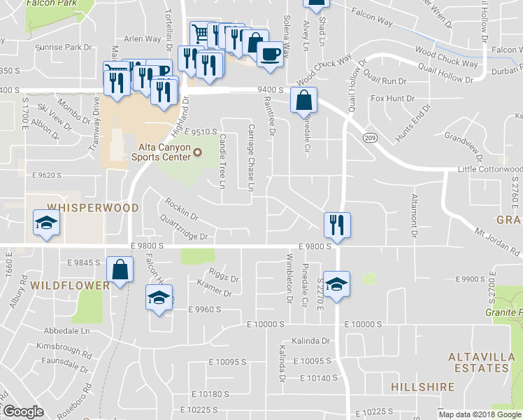 map of restaurants, bars, coffee shops, grocery stores, and more near 9706 South Raintree Drive in Sandy