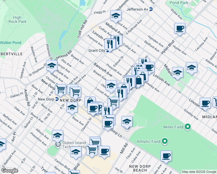 map of restaurants, bars, coffee shops, grocery stores, and more near 224 Bryant Avenue in Staten Island