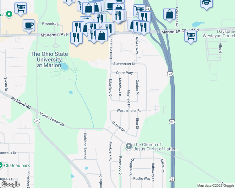 map of restaurants, bars, coffee shops, grocery stores, and more near 547 Meadow Lane in Marion