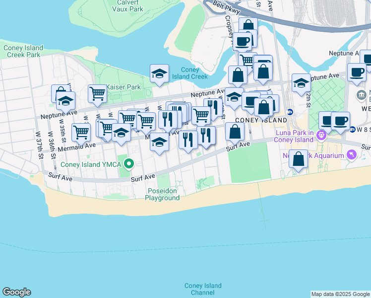 map of restaurants, bars, coffee shops, grocery stores, and more near 2950 West 23rd Street in Brooklyn