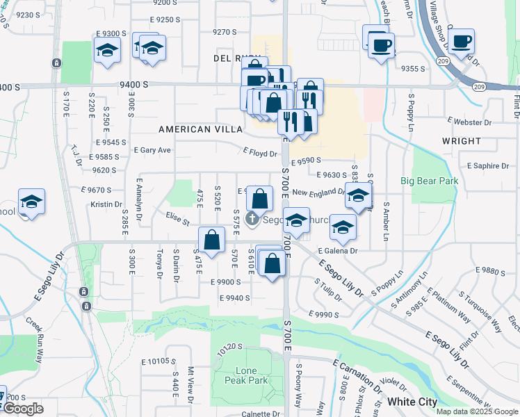 map of restaurants, bars, coffee shops, grocery stores, and more near 9701 South 575 East in Sandy