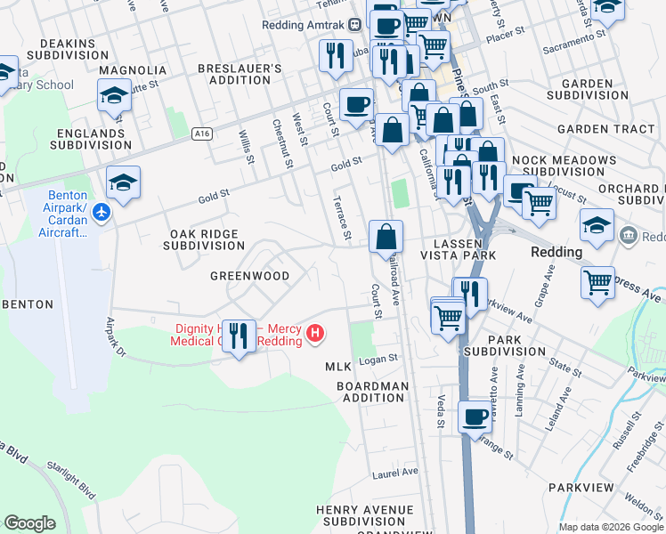 map of restaurants, bars, coffee shops, grocery stores, and more near 1905 Sonoma Street in Redding