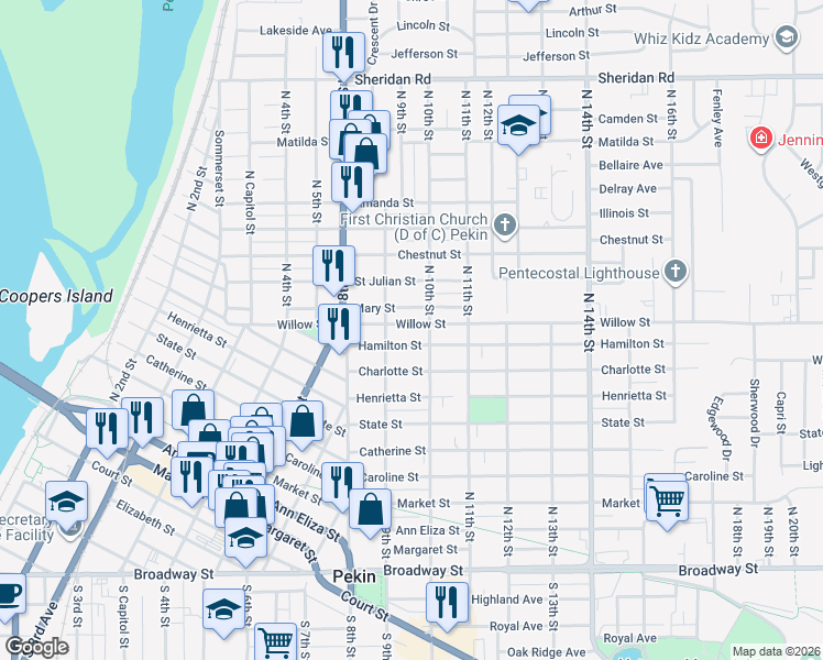map of restaurants, bars, coffee shops, grocery stores, and more near 910 Willow Street in Pekin