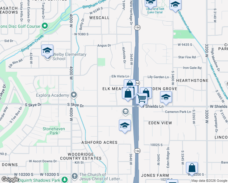 map of restaurants, bars, coffee shops, grocery stores, and more near 3748 Elk Park Court in South Jordan