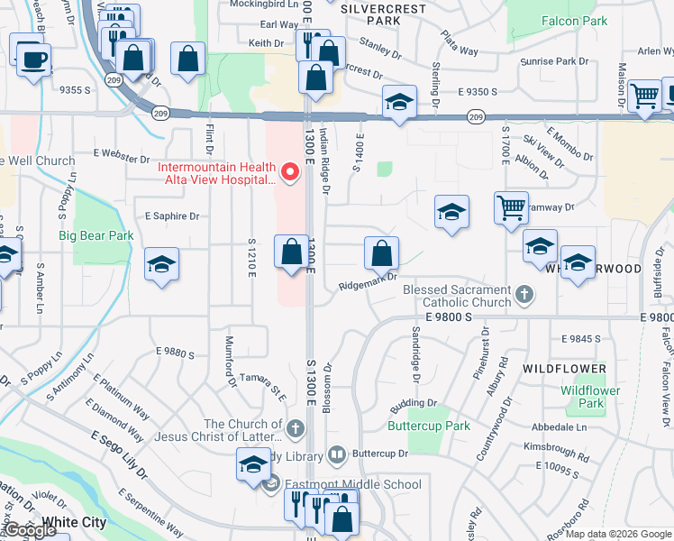 map of restaurants, bars, coffee shops, grocery stores, and more near 1352 Indian Ridge Circle in Sandy