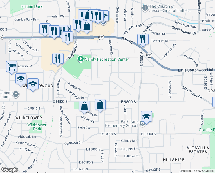 map of restaurants, bars, coffee shops, grocery stores, and more near 9706 South Raintree Drive in Sandy