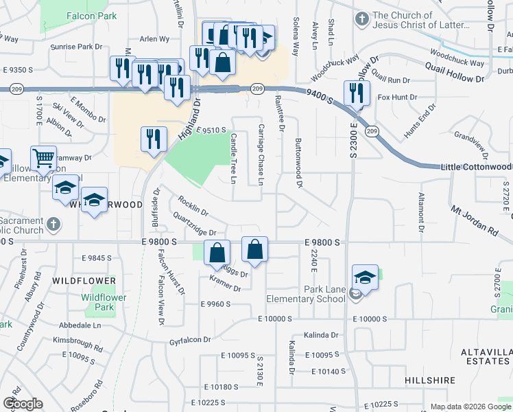 map of restaurants, bars, coffee shops, grocery stores, and more near 2148 Candlewood Drive in Sandy