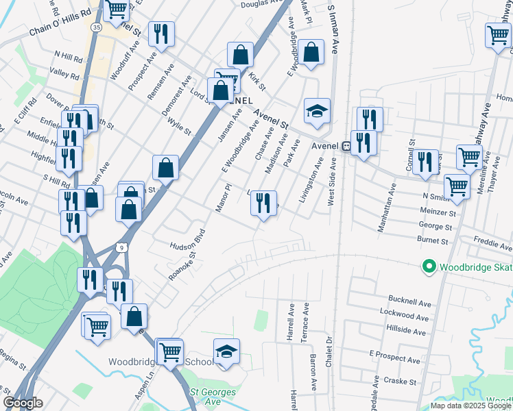 map of restaurants, bars, coffee shops, grocery stores, and more near 48 Madison Avenue in Woodbridge Township