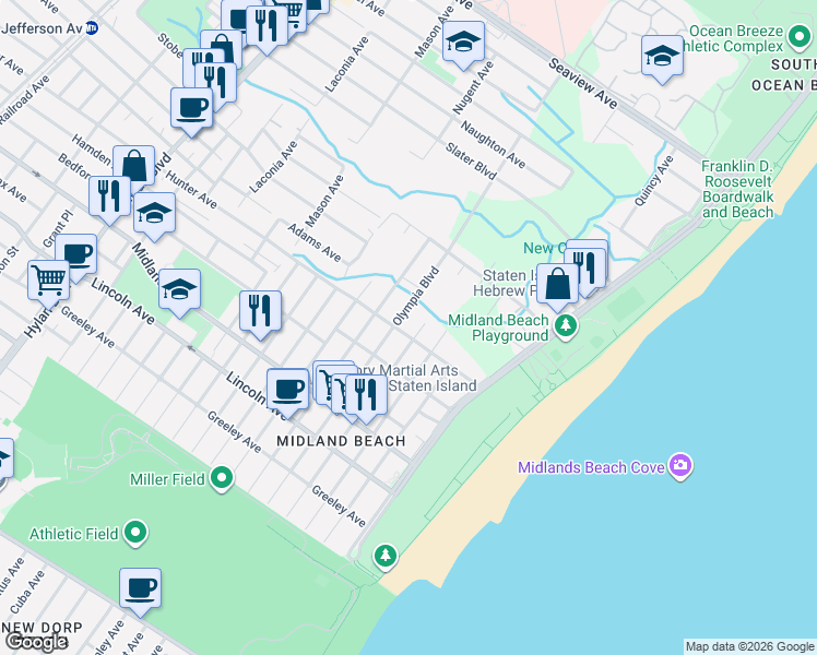 map of restaurants, bars, coffee shops, grocery stores, and more near 569 Hunter Avenue in Staten Island