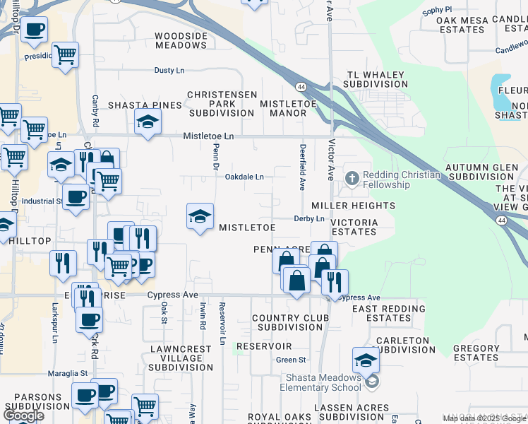 map of restaurants, bars, coffee shops, grocery stores, and more near 1565 Becky Way in Redding