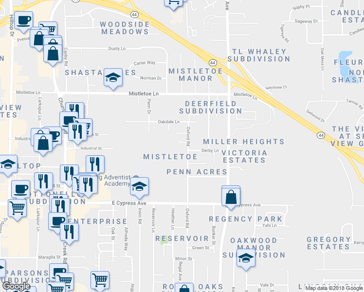 map of restaurants, bars, coffee shops, grocery stores, and more near 1565 Becky Way in Redding