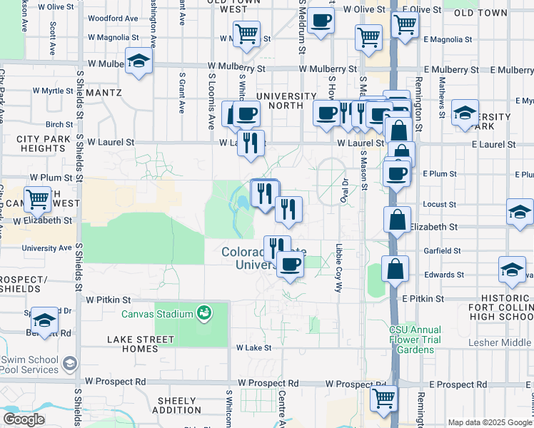 map of restaurants, bars, coffee shops, grocery stores, and more near 1101 Center Avenue Mall in Fort Collins