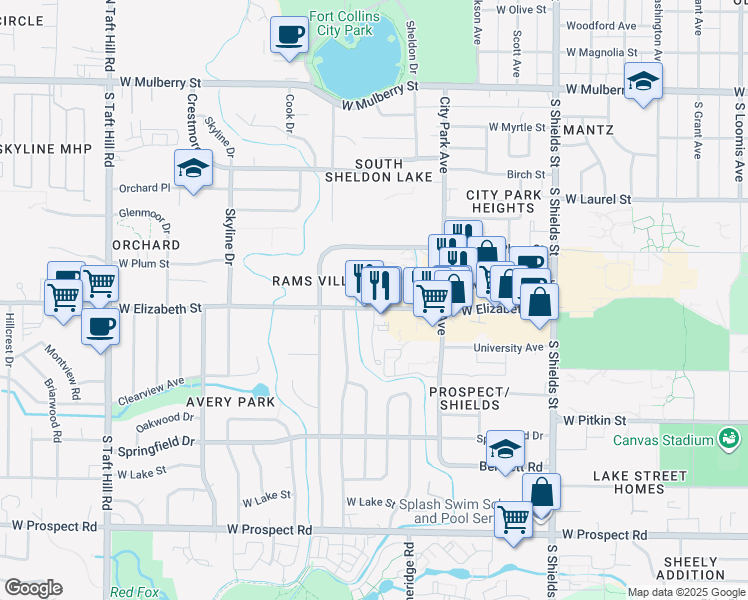 map of restaurants, bars, coffee shops, grocery stores, and more near 1508 West Elizabeth Street in Fort Collins