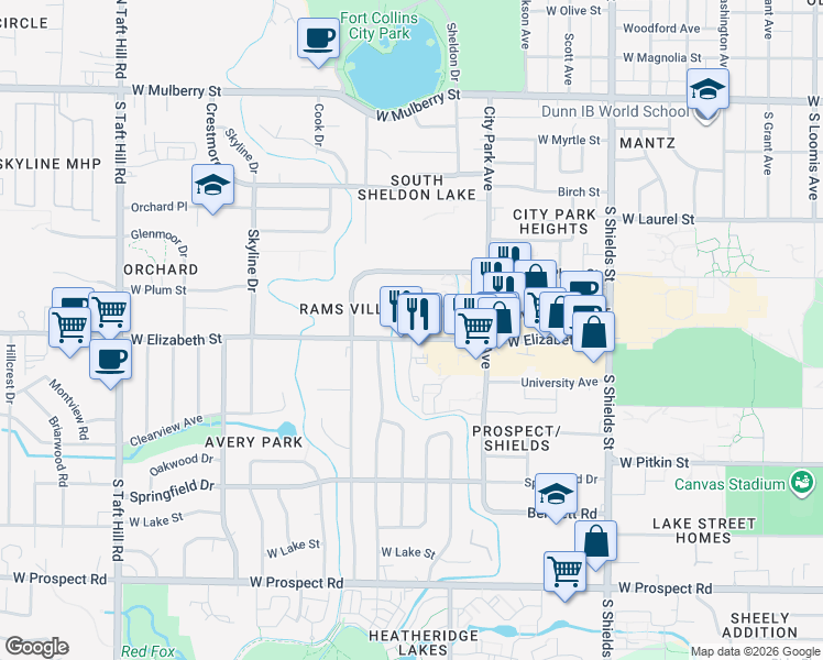 map of restaurants, bars, coffee shops, grocery stores, and more near 1508 West Elizabeth Street in Fort Collins