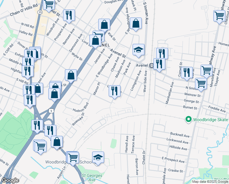 map of restaurants, bars, coffee shops, grocery stores, and more near 48 Madison Avenue in Woodbridge Township